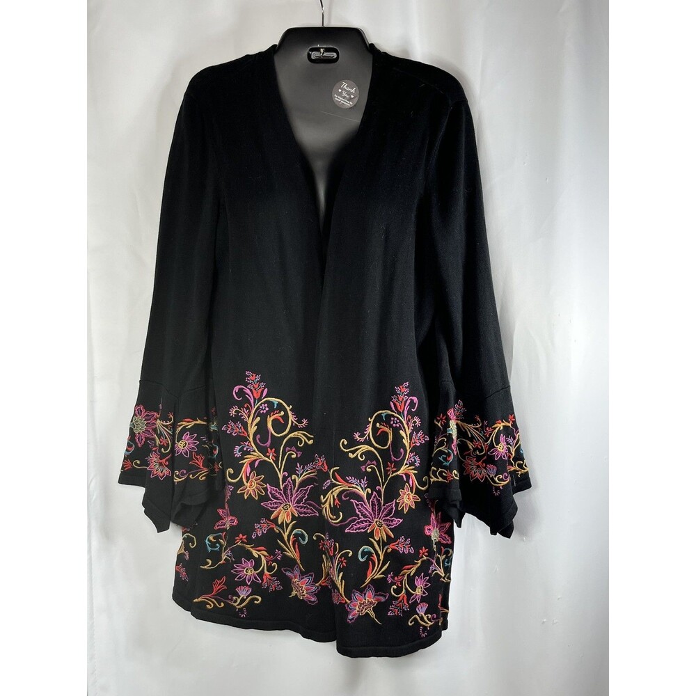 Chico's Sweater Cardigan Womens 2 L Black Floral Embroidered Open Front Knit